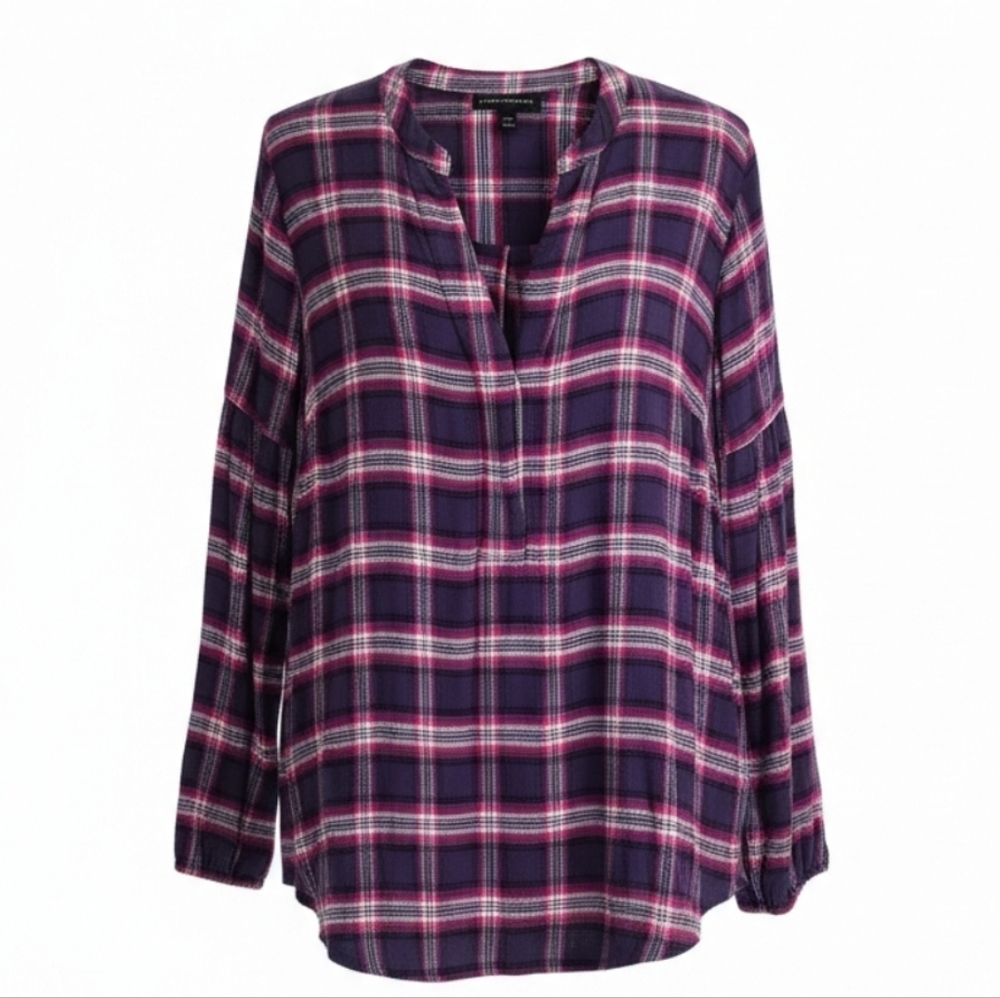Lane Bryant Boho Plaid Blouse 14/16 Purple Fuchsia Rayon Cabincore Top
